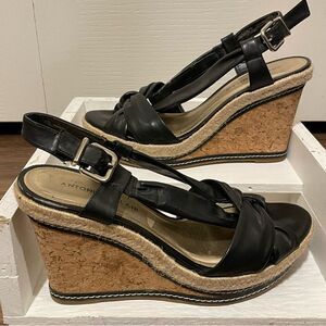Antonio Melani Wedge Strappy Sandal Shoe Cork Wedge Rope Detail Black Tan 8.5